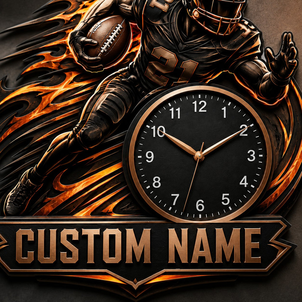 Football flame Custom Name Wall Clock — personalized with a custom name