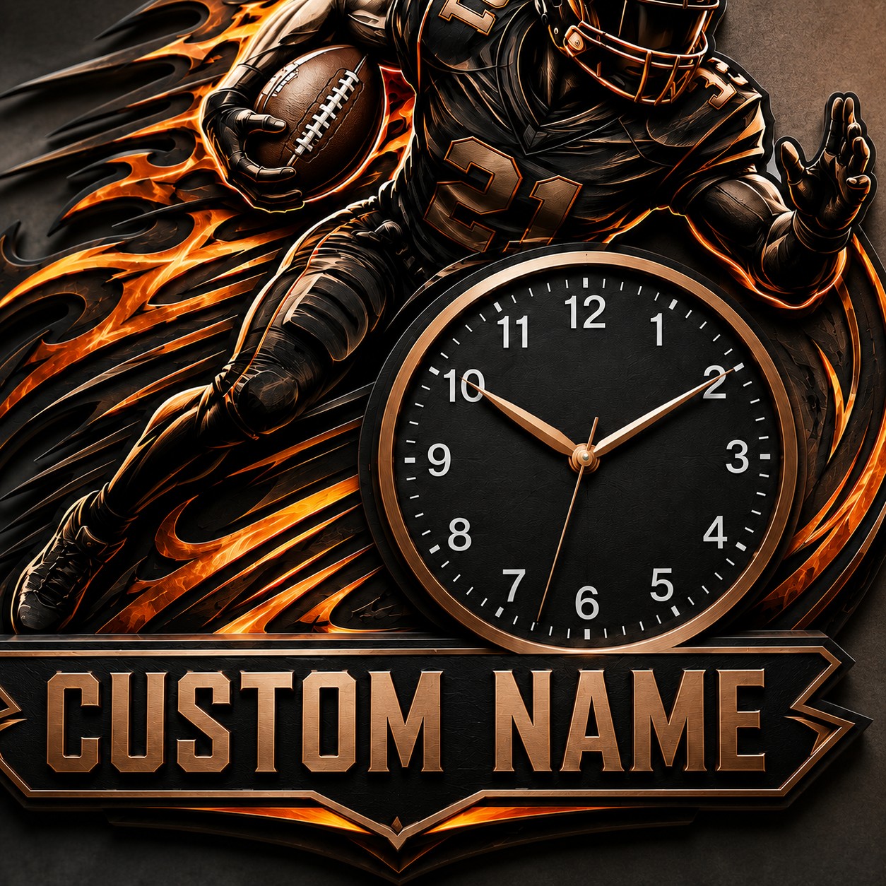 Football flame Custom Name Wall Clock — personalized with a custom name
