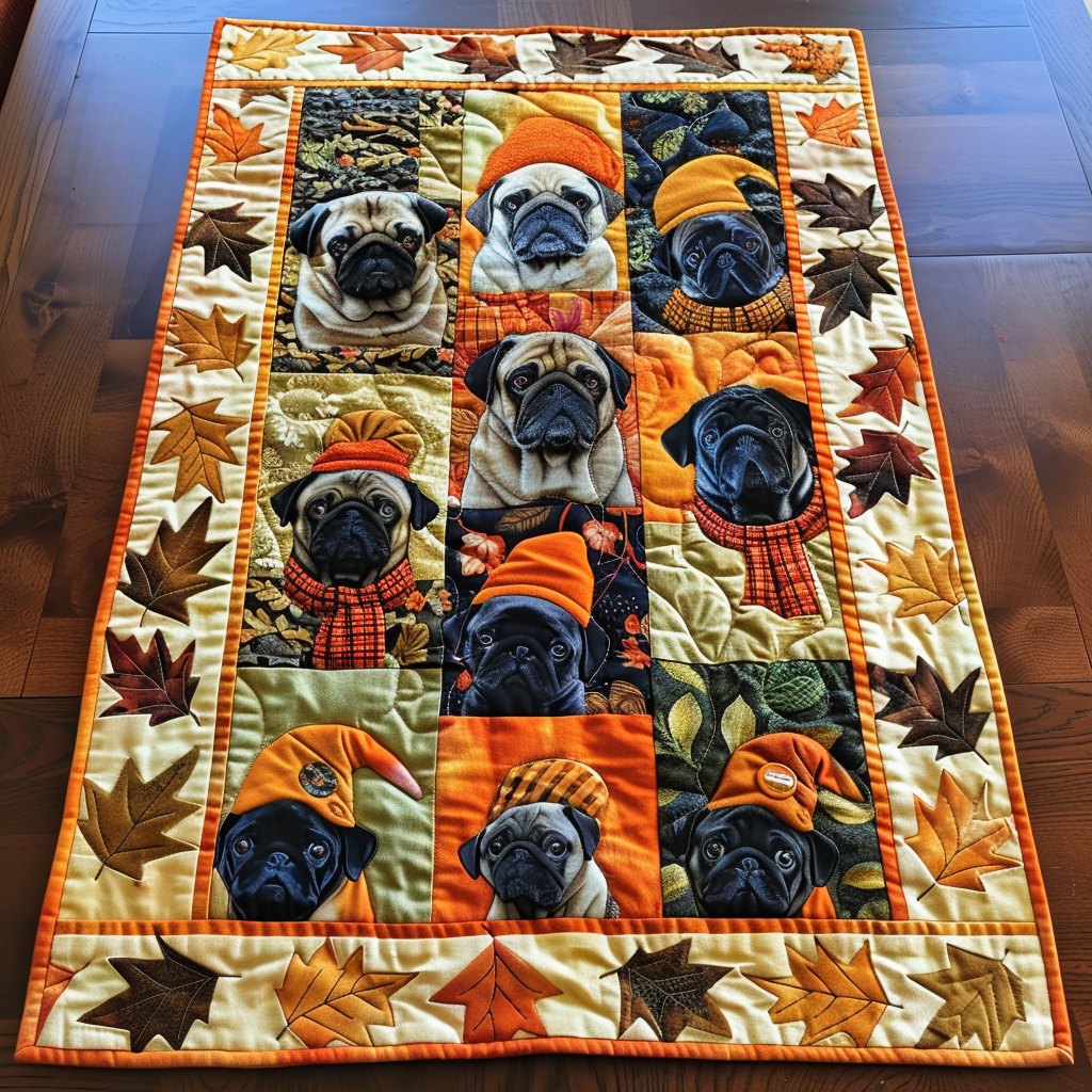 Pug Faces Patchwork with Autumn Leaves Table Runner