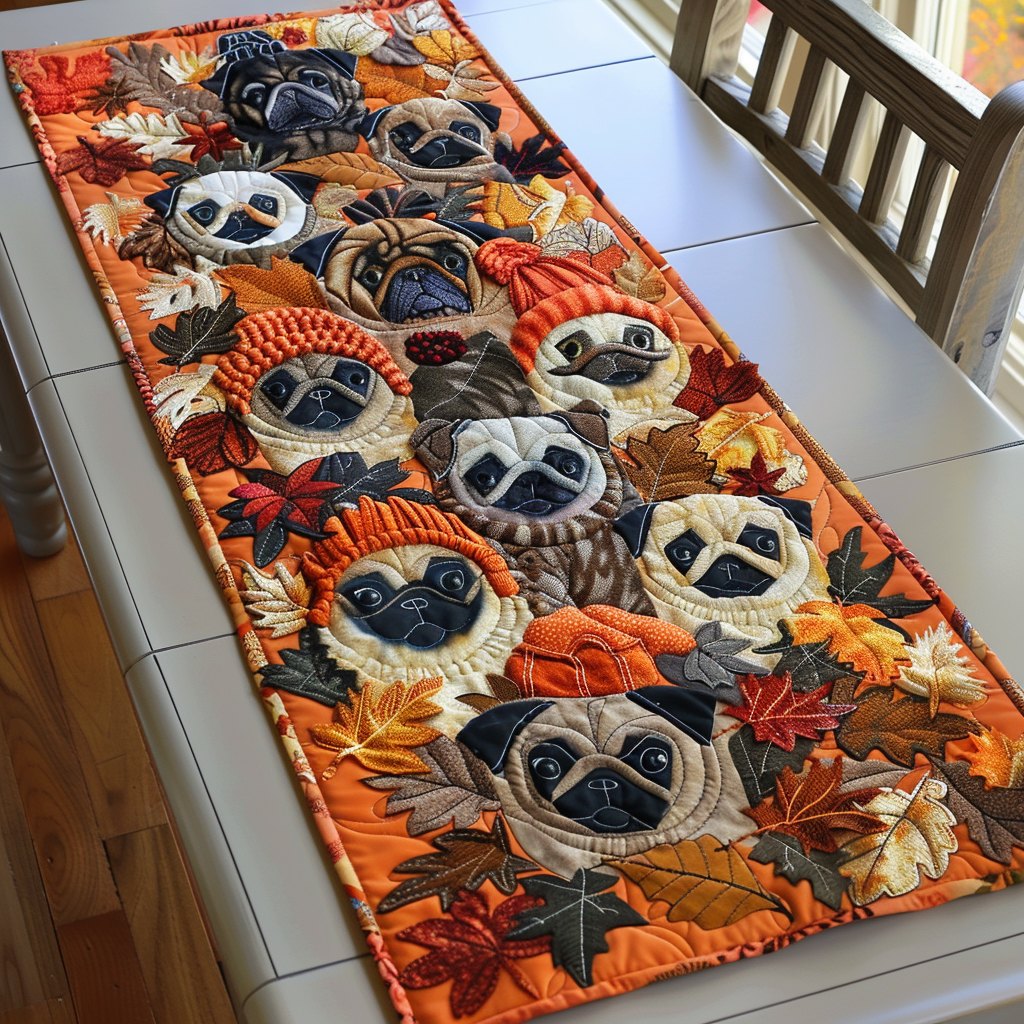 Pug Portraits Among Fall Leaves Table Runner