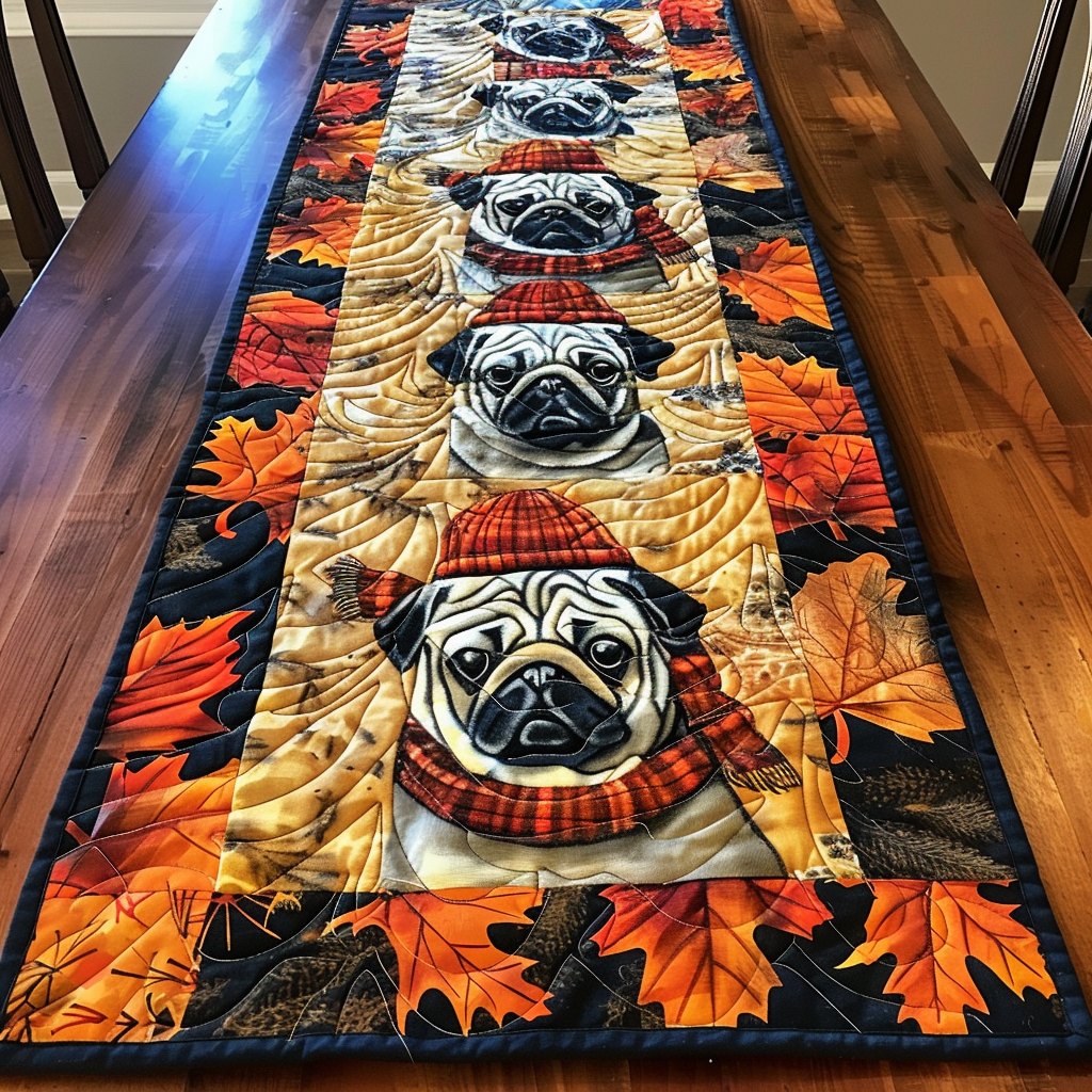 Pug in Red Beanie with Maple Leaves Table Runner