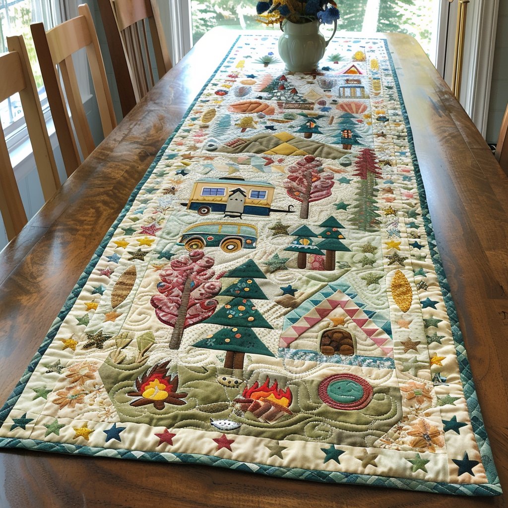 Camper and Campfire in the Pines Table Runner
