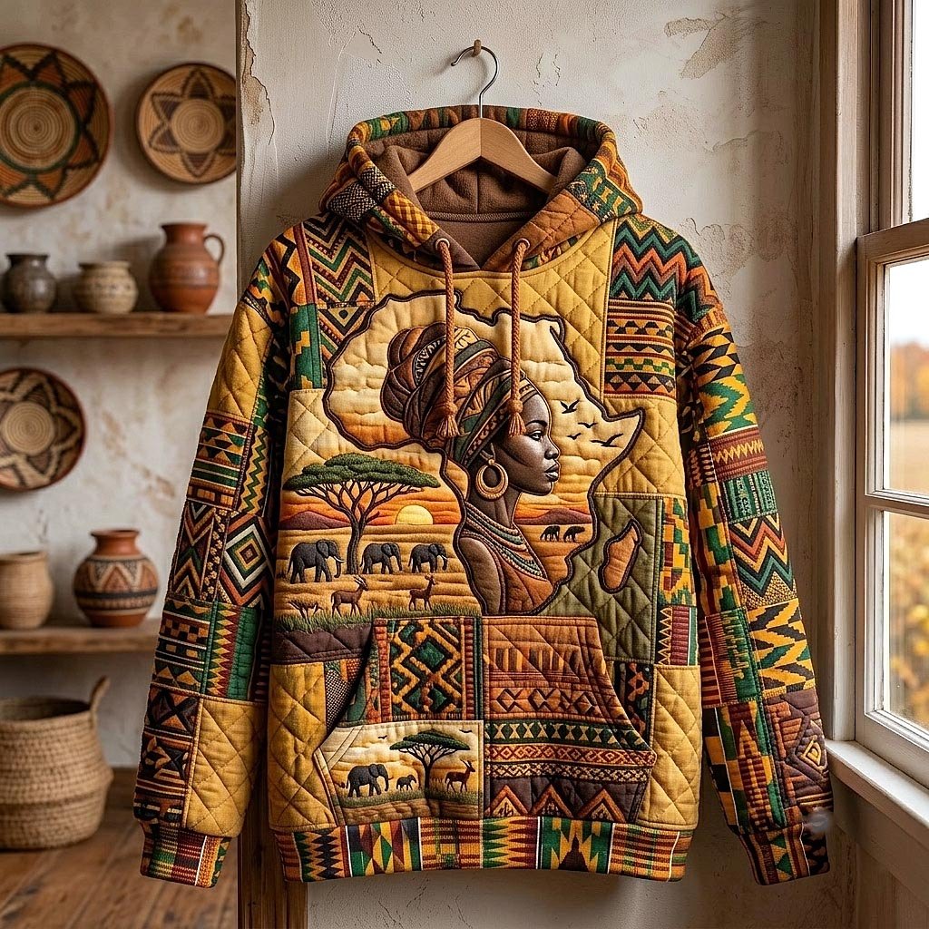Savanna Lion with Tribal Patchwork hoodie, all-over print