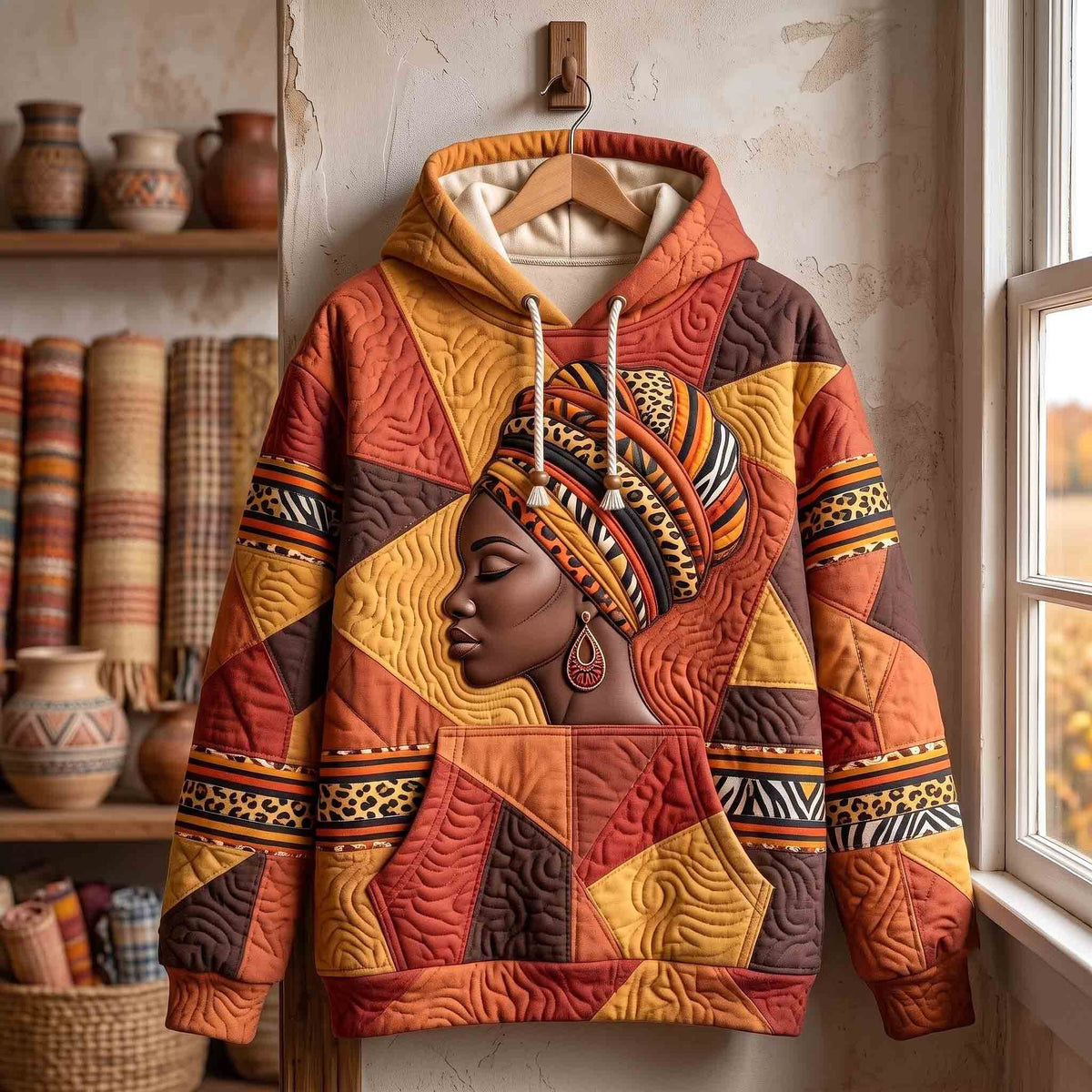Golden Headwrap Woman in Warm Geometrics hoodie, all-over print