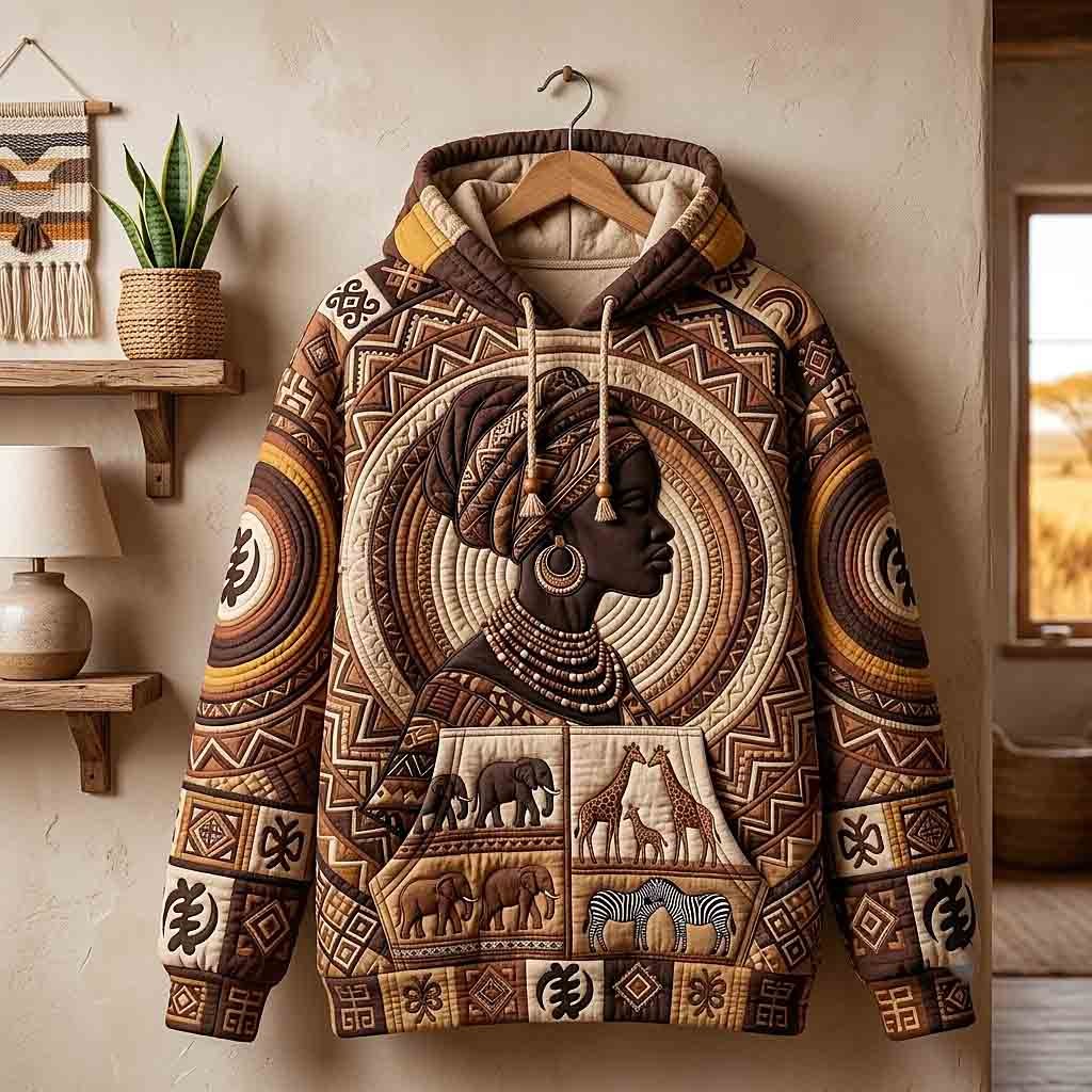 Earth Toned Mudcloth Circles and Animals hoodie, all-over print