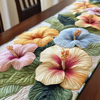 Pastel Hibiscus Blooms with Green Leaves Table Runner