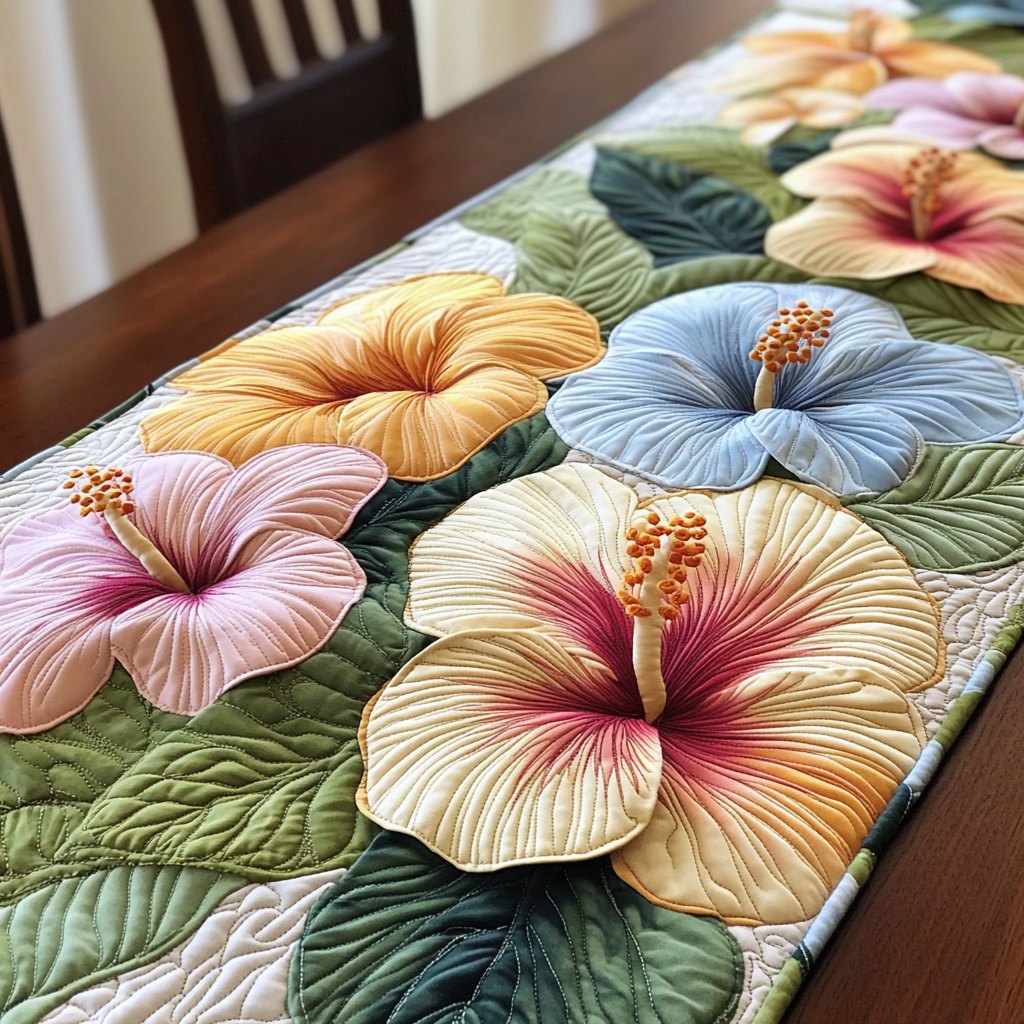 Pastel Hibiscus Blooms with Green Leaves Table Runner