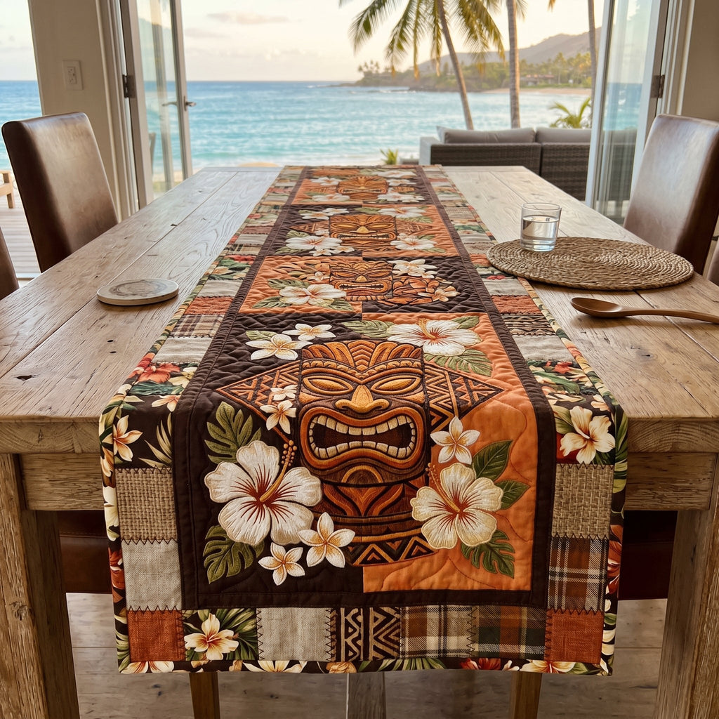 Tiki Mask and Hibiscus on Wood Table Runner