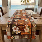 Tiki Mask and Hibiscus on Wood Table Runner