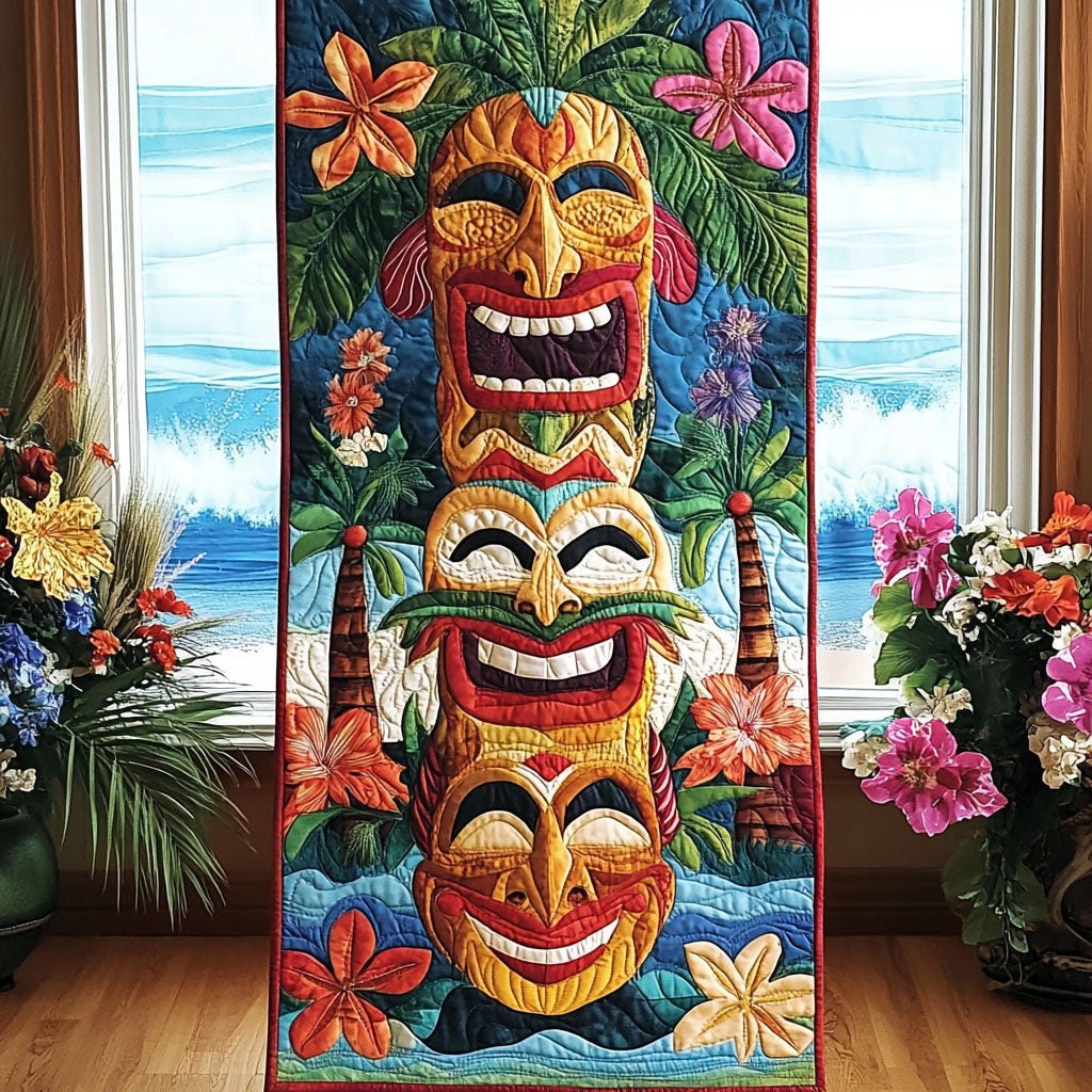 Smiling Tiki Totem with Tropical Flowers Table Runner
