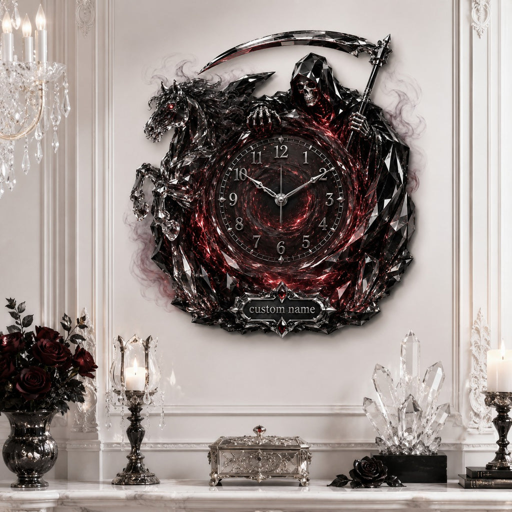 Personalized red crystal Grim Reaper horse wall clock — personalized with a custom name
