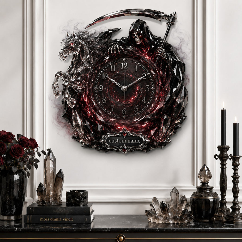 Personalized red crystal Grim Reaper horse wall clock — personalized with a custom name