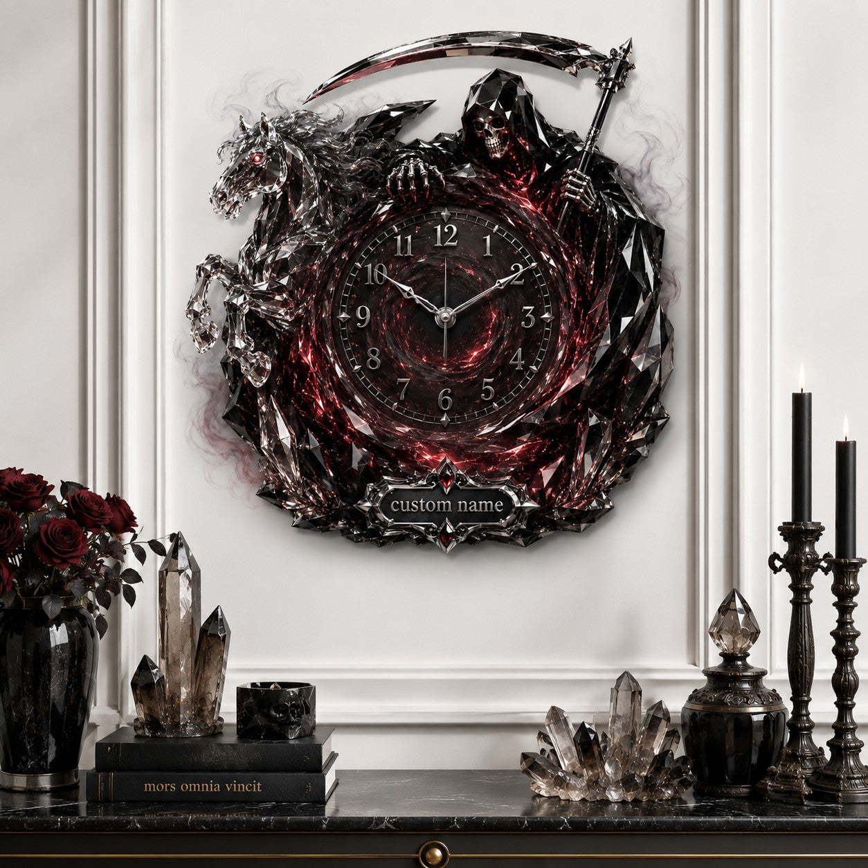 Personalized red crystal Grim Reaper horse wall clock — personalized with a custom name