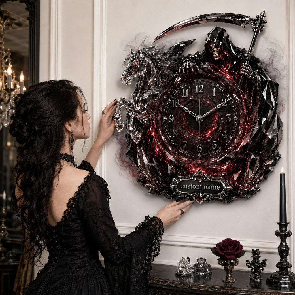 Personalized red crystal Grim Reaper horse wall clock — personalized with a custom name
