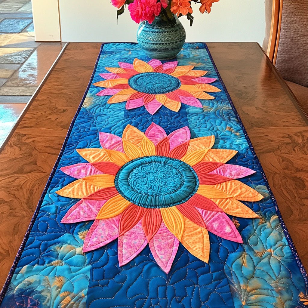 Pink and Orange Sunflowers on Blue Table Runner