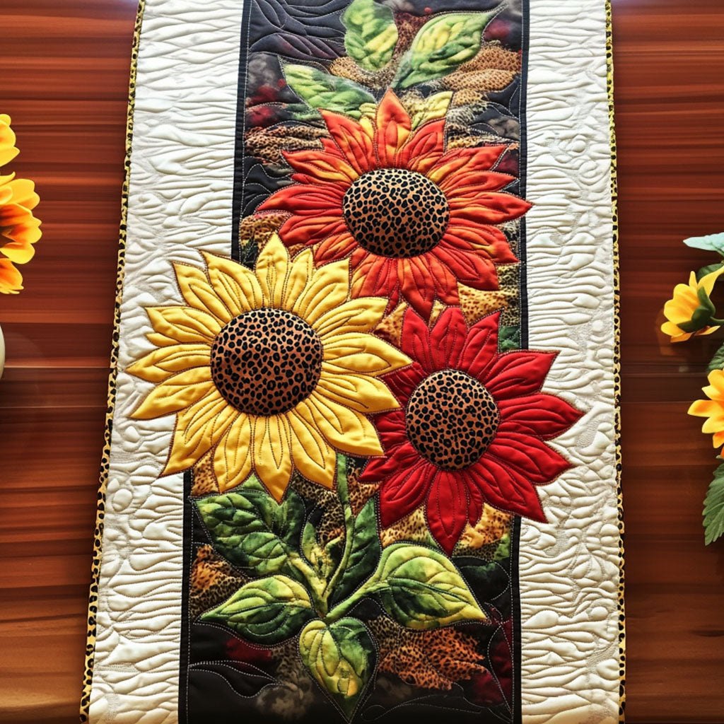 Yellow and Red Sunflowers on Cream Table Runner