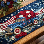 Blue Truck with Roses on Flag Table Runner
