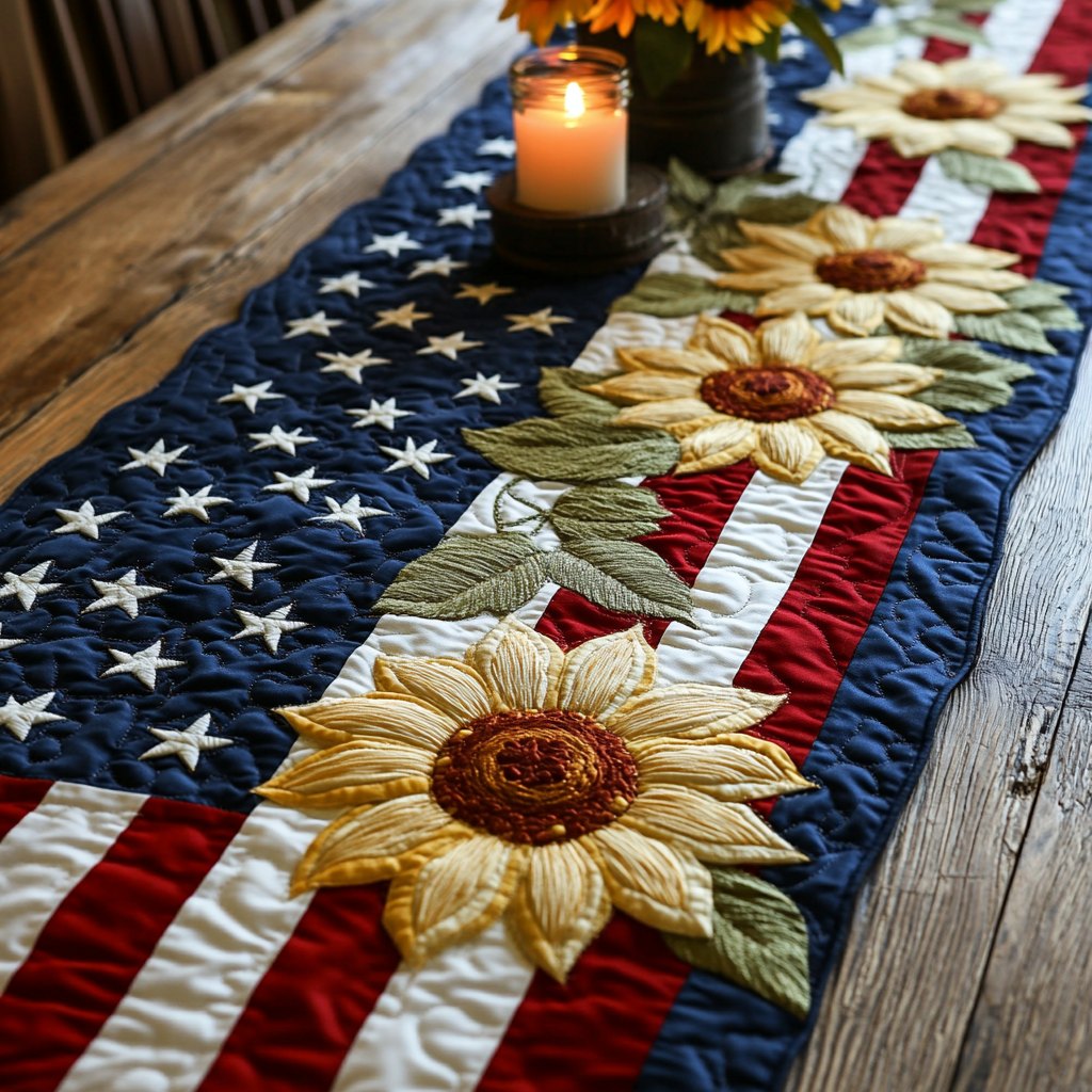 American Bloom Sunflowers on Stars and Stripes Table Runner