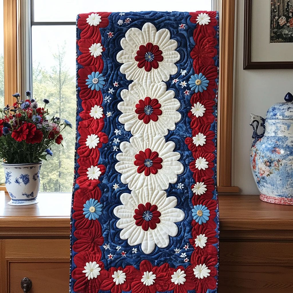 White Blossoms on Red and Blue Table Runner