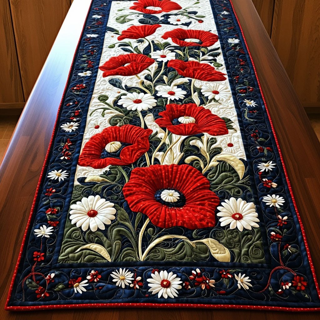 Red Poppies and White Daisies on Navy Table Runner