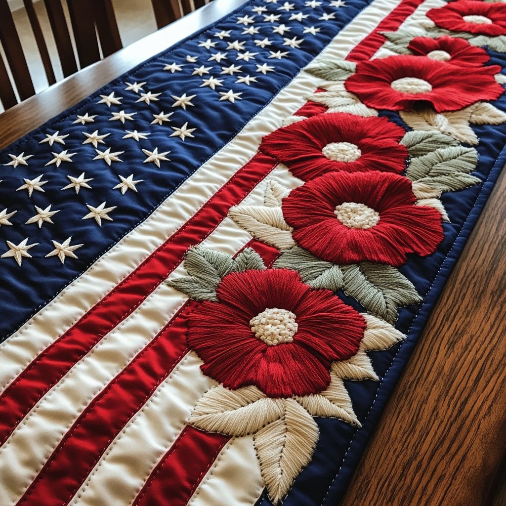 Red Blooms on Flag Stripes Table Runner
