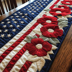 Red Blooms on Flag Stripes Table Runner