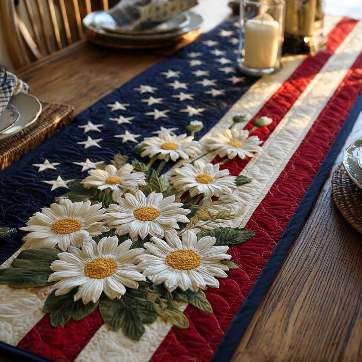 American Pride White Daisies on Stars and Stripes Table Runner