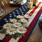 American Pride White Daisies on Stars and Stripes Table Runner