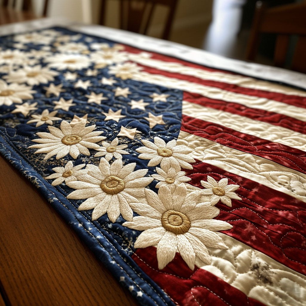 Cream Daisies over Flag Stripes Table Runner