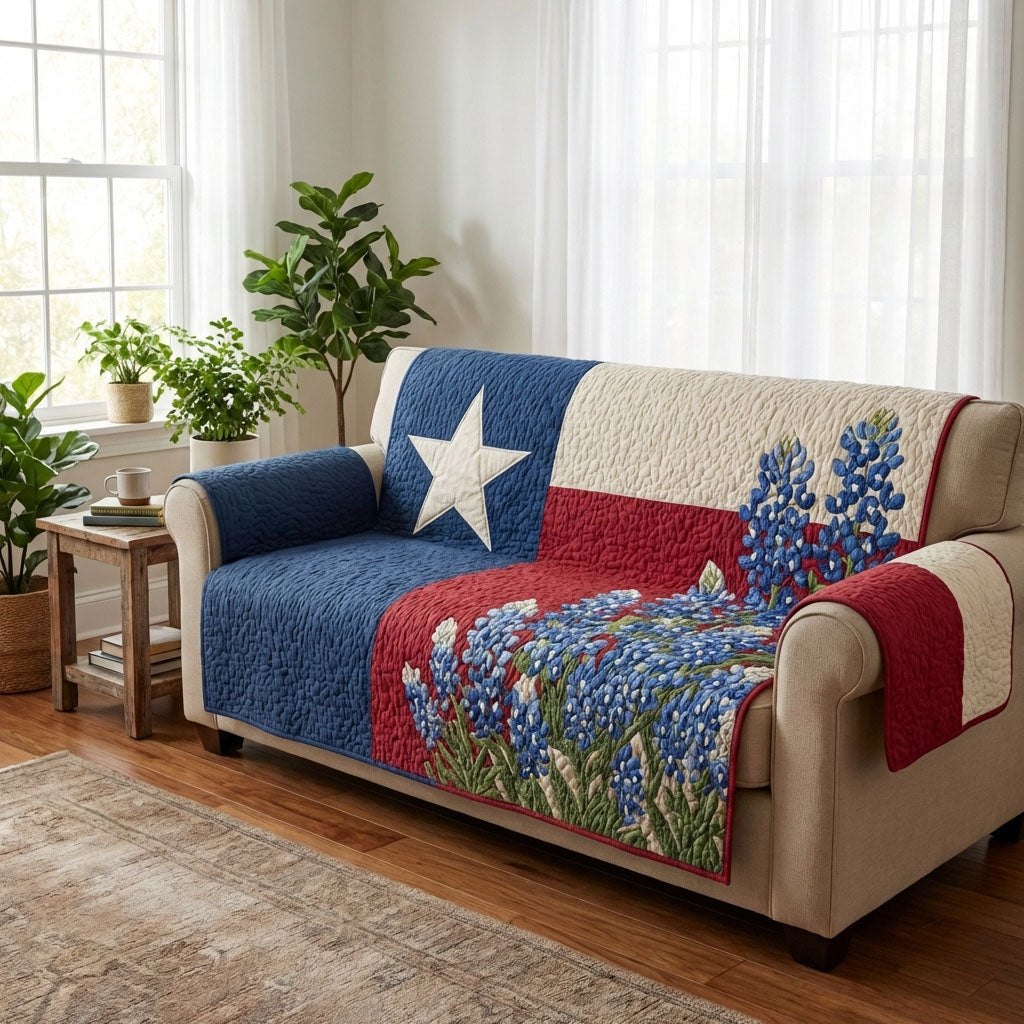 Texas Flag and Bluebonnets Sofa Cover