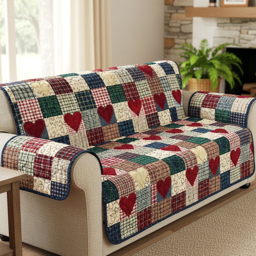 Patchwork Hearts in Red and Green Sofa Cover