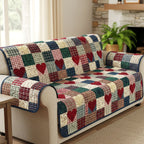 Patchwork Hearts in Red and Green Sofa Cover
