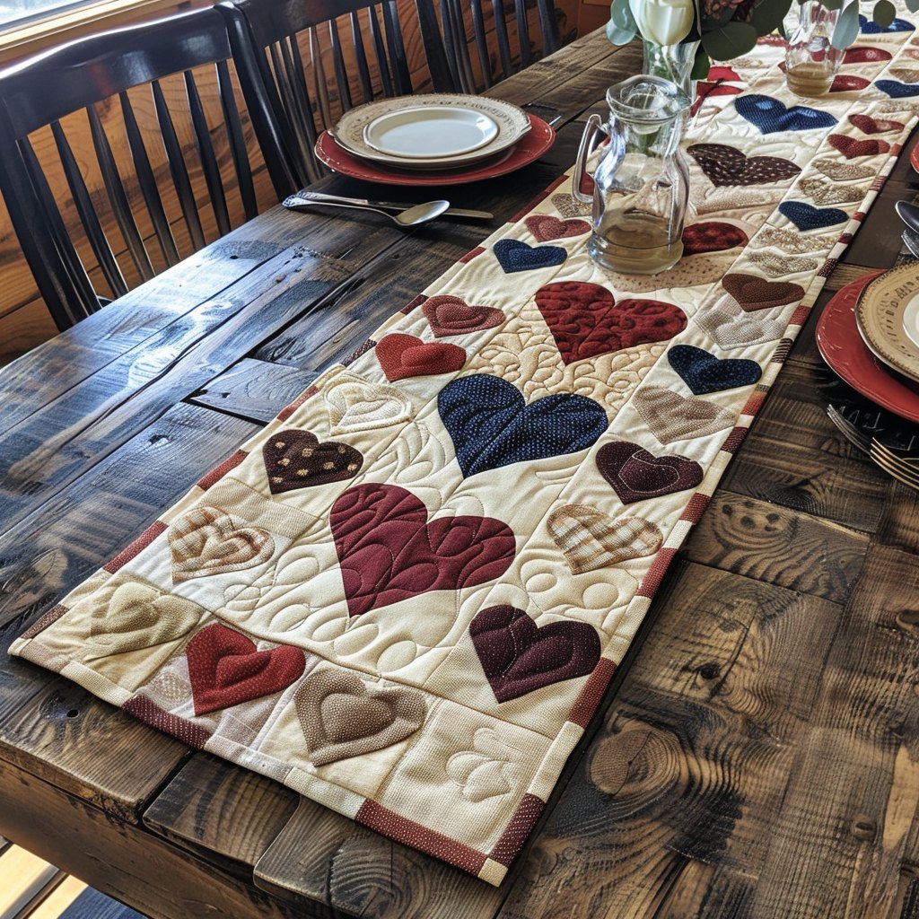 Folk Hearts on Cream Patchwork Table Runner