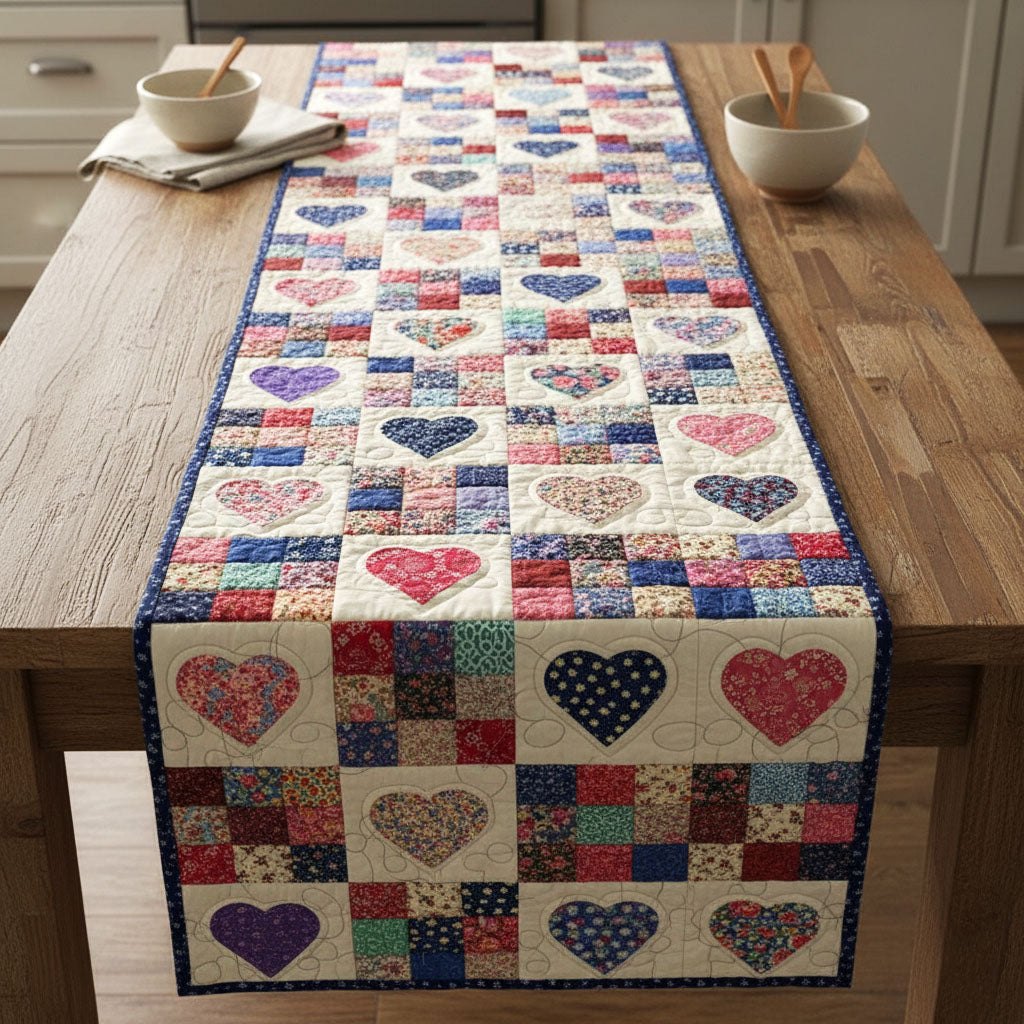 Patchwork Heart Checkerboard Squares Table Runner
