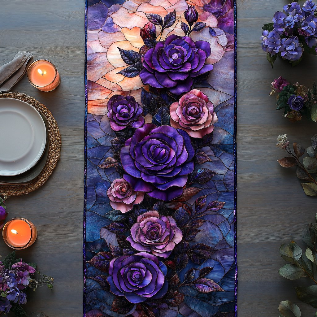 Purple Roses on Midnight Blue Table Runner
