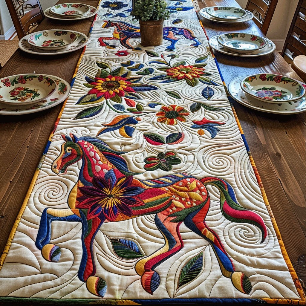 Floral Patchwork Horse on Cream Table Runner