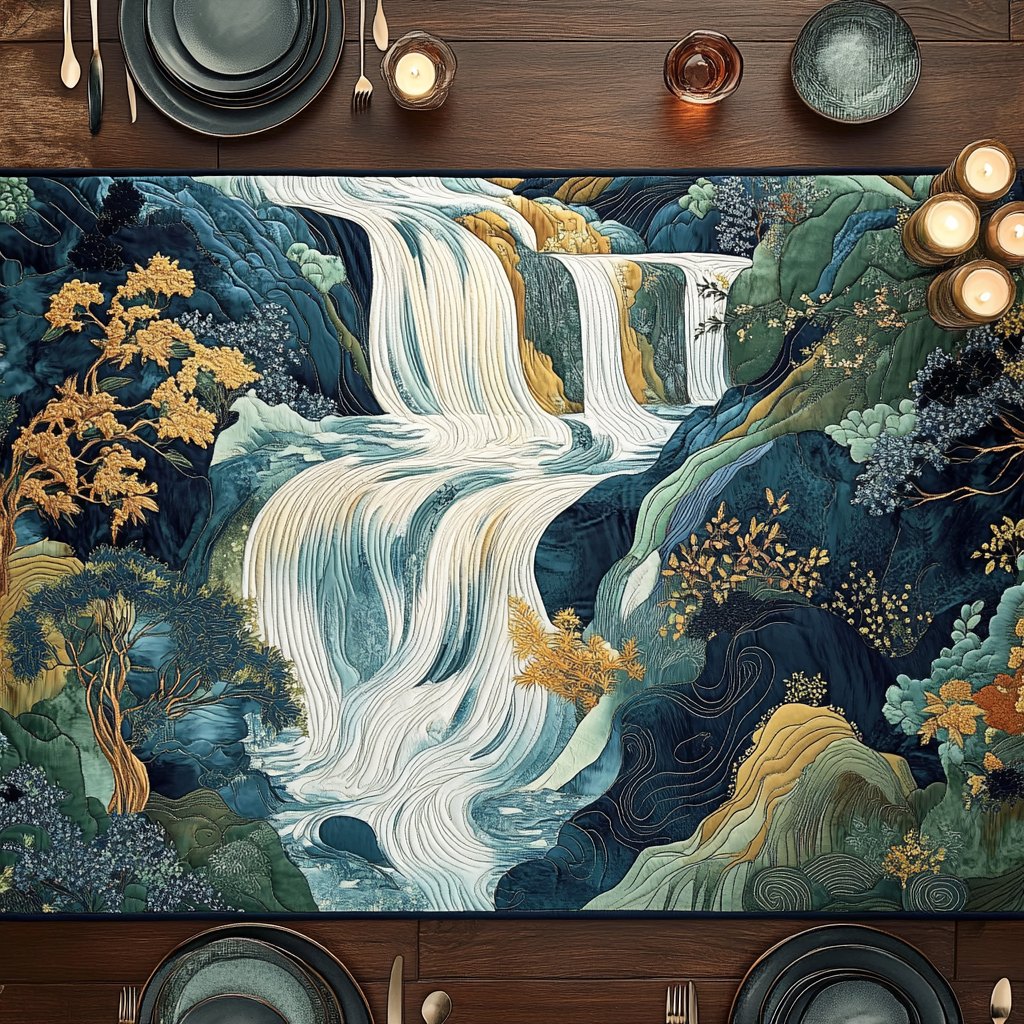 Artistic Woodblock Japanese Waterfall Table Runner