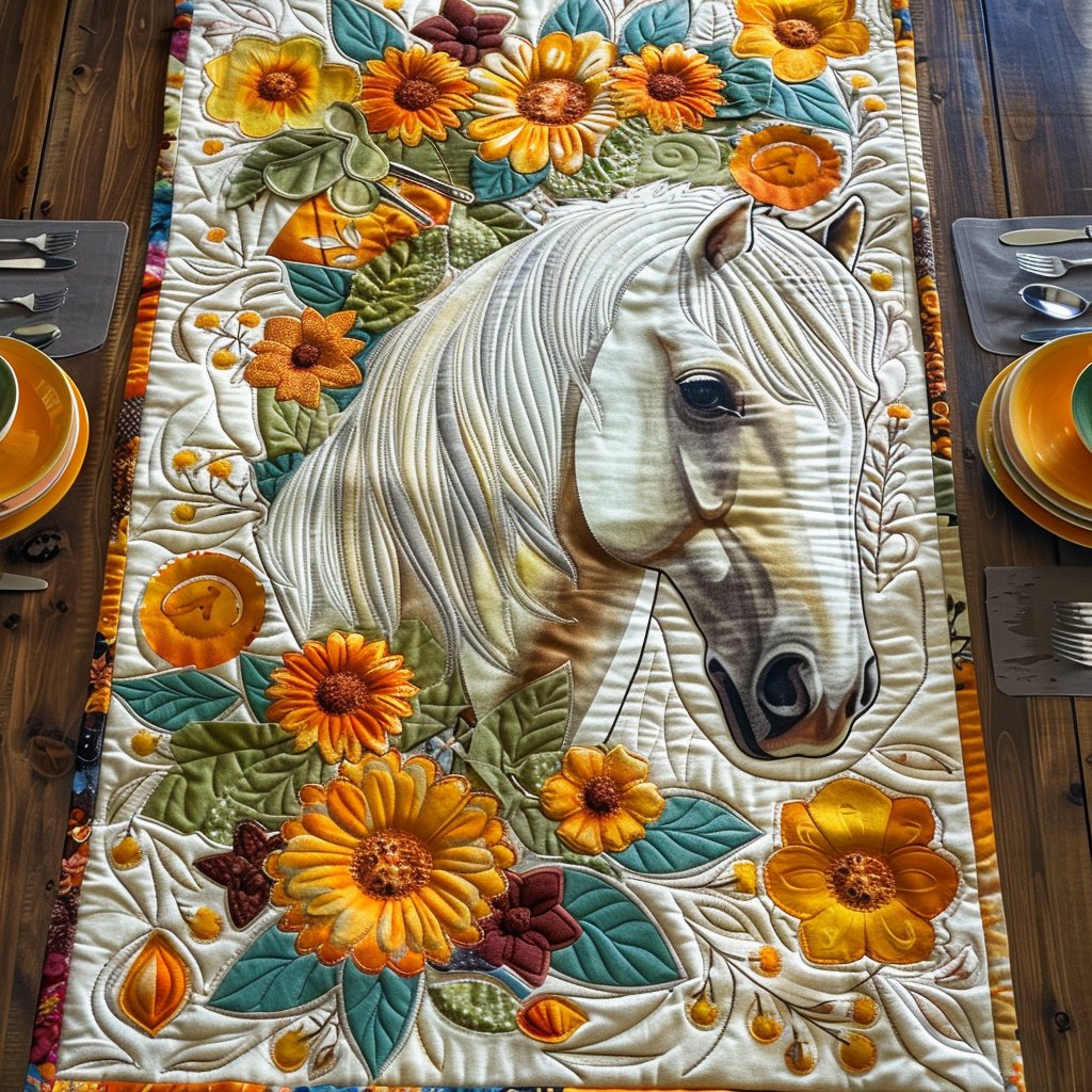 White Horse Among Yellow Blooms Table Runner