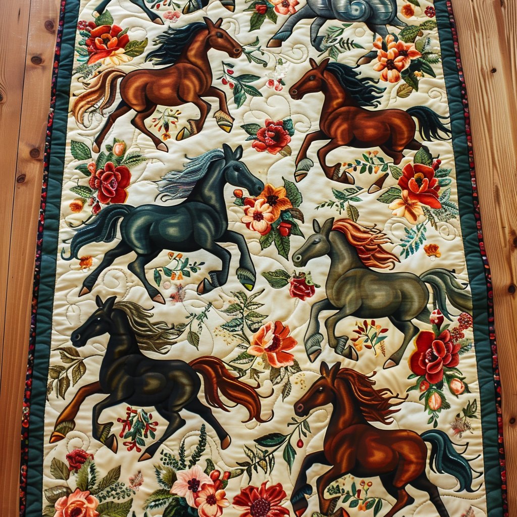 Running Horses and Roses on Cream Table Runner