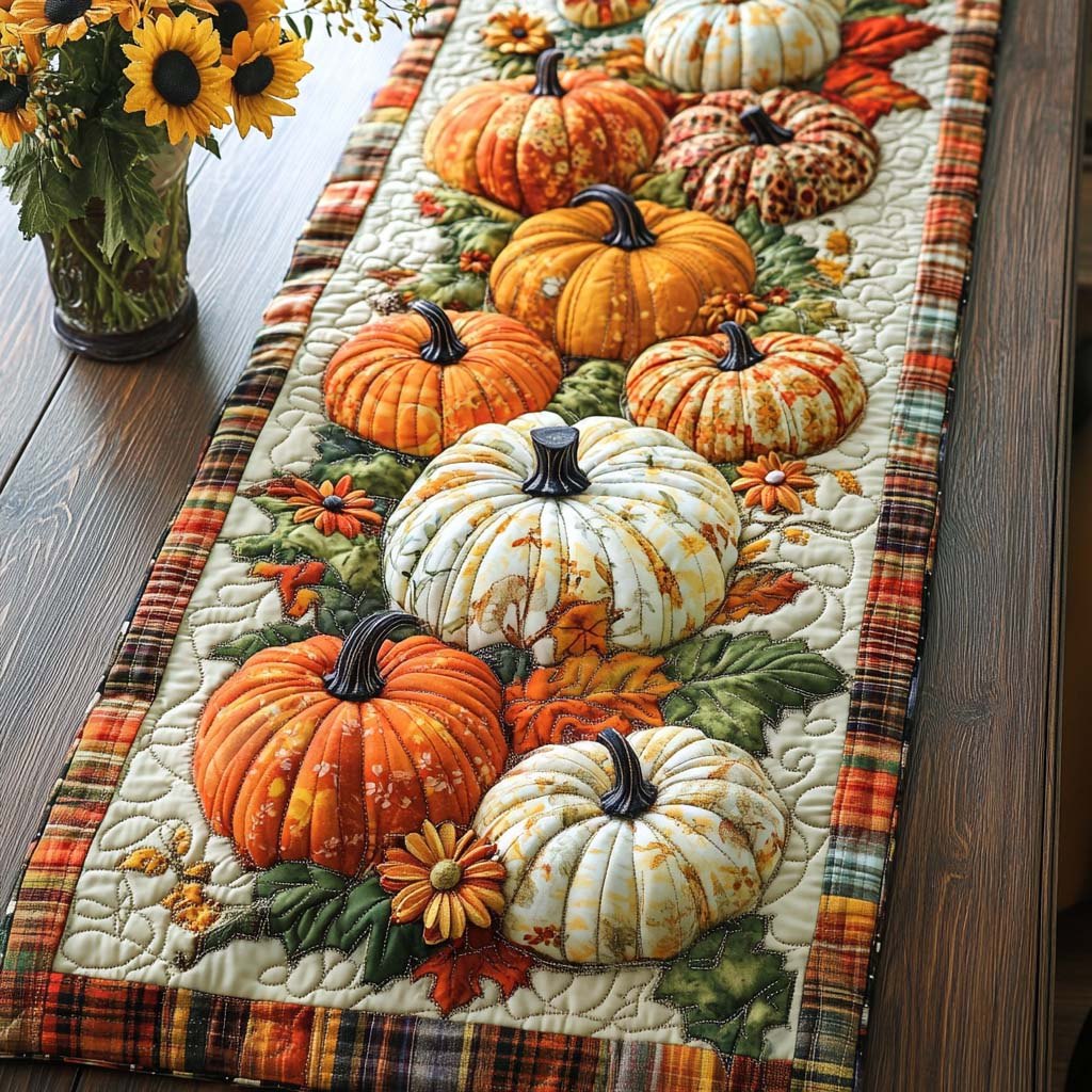 Orange and White Pumpkins with Plaid Table Runner