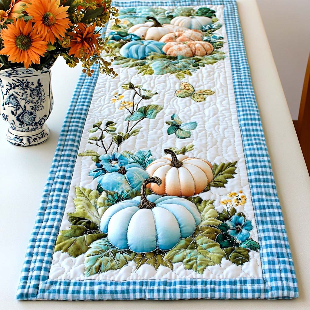 Blue Pumpkins with Butterflies and Gingham Table Runner
