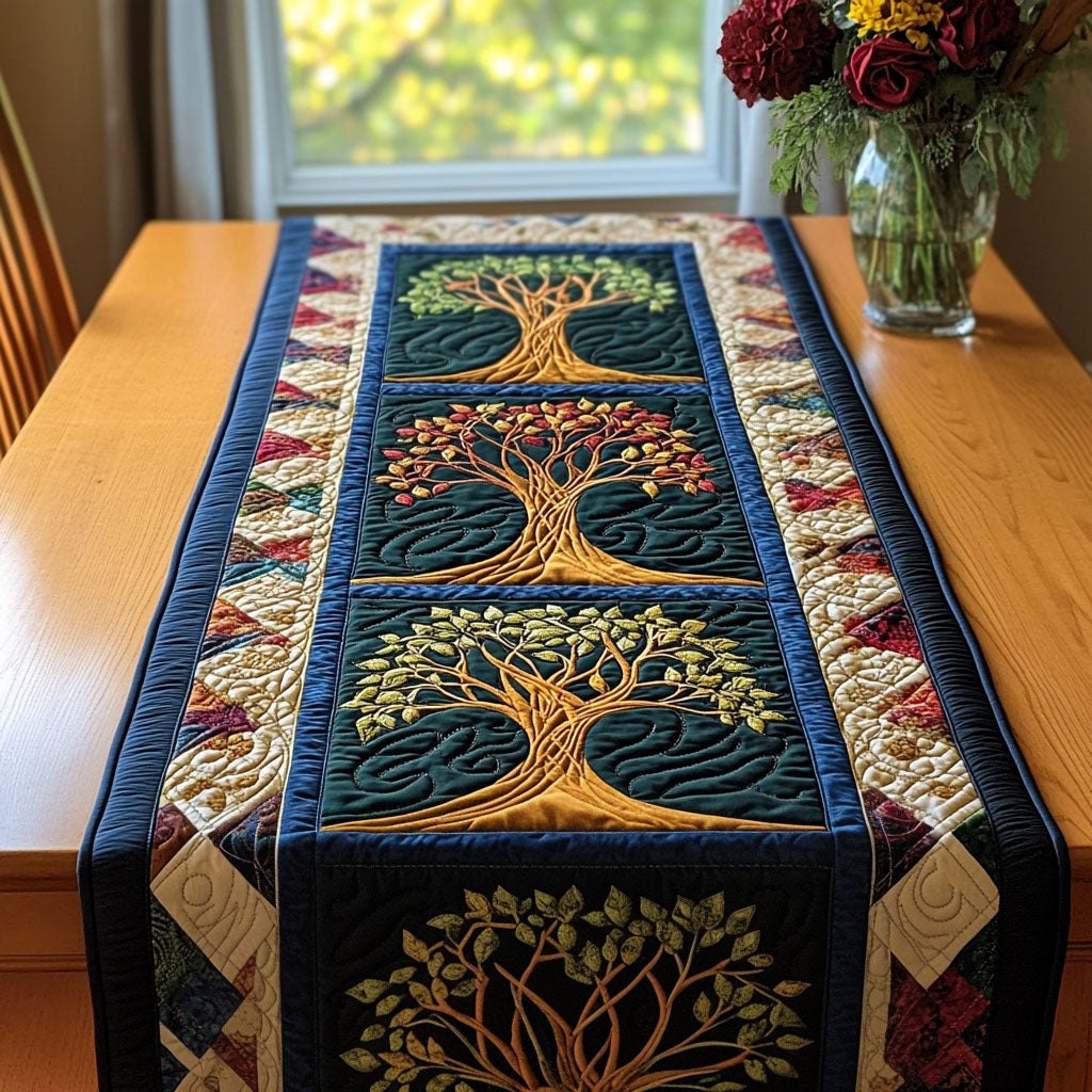 Green Trees of Life on Navy Table Runner