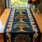 Green Trees of Life on Navy Table Runner