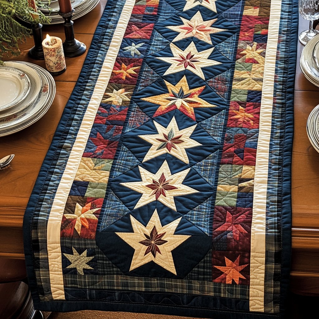 Cream Patchwork Stars on Navy Stripes Table Runner