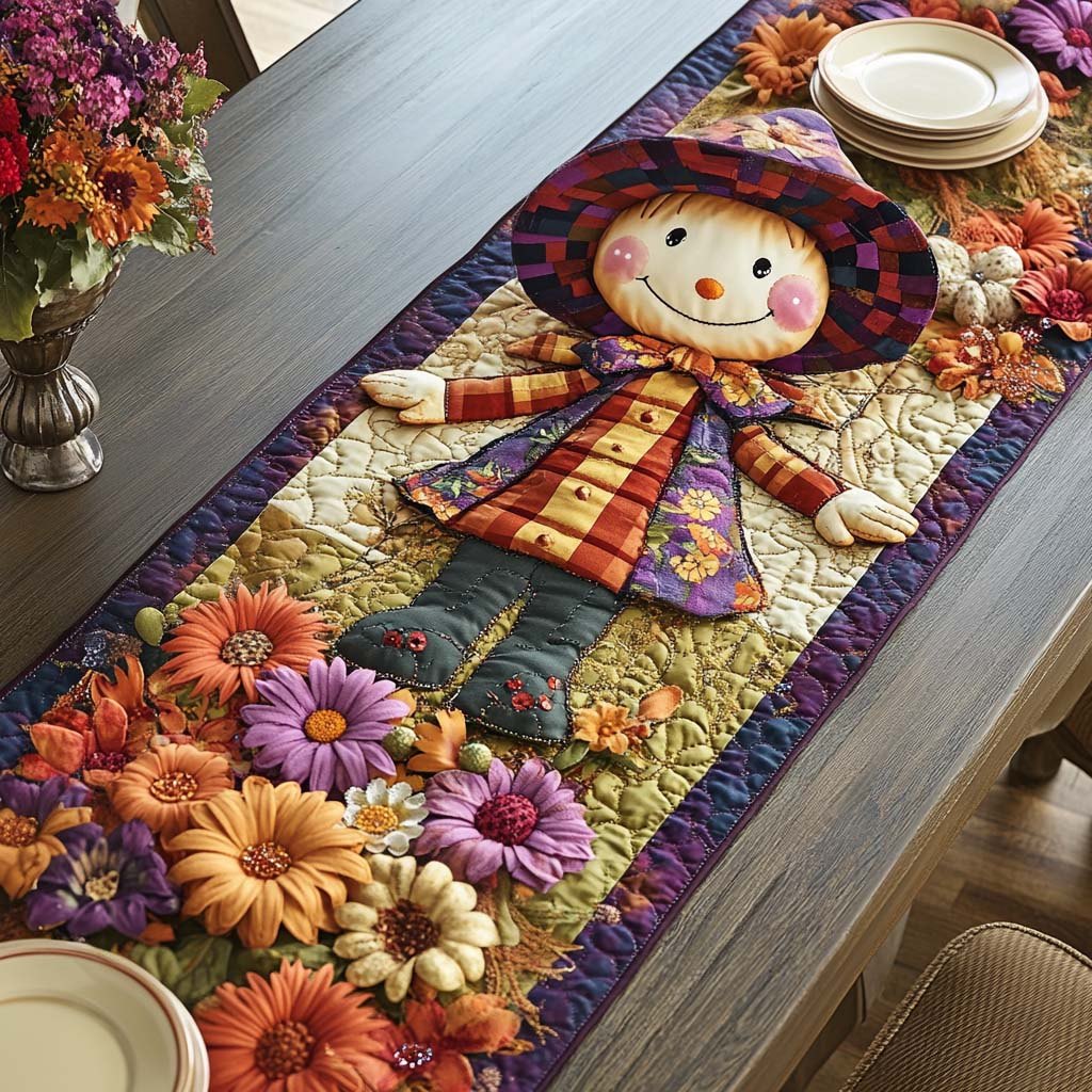 Smiling Scarecrow with Autumn Blooms Table Runner