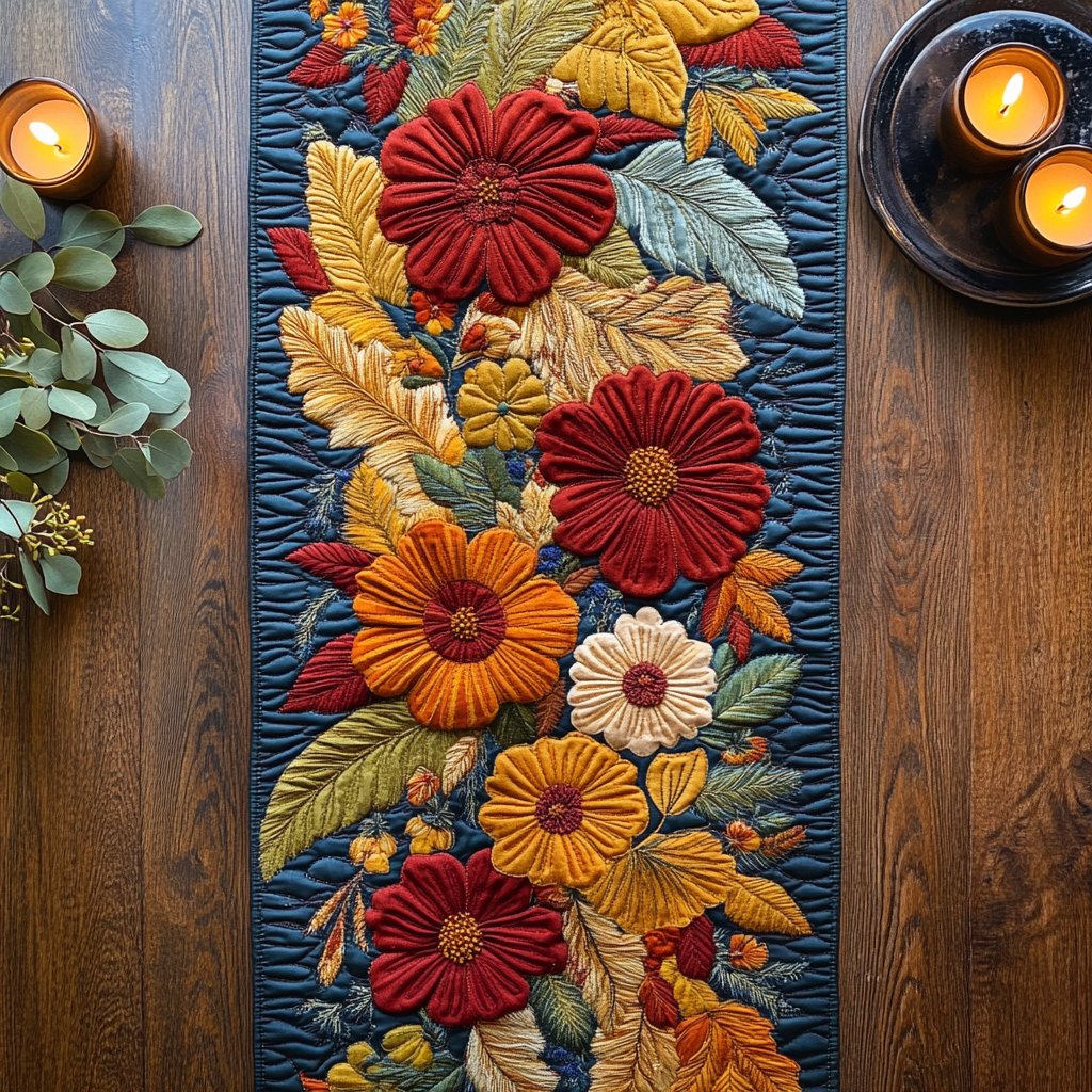 Autumn Flowers on Navy Border Table Runner