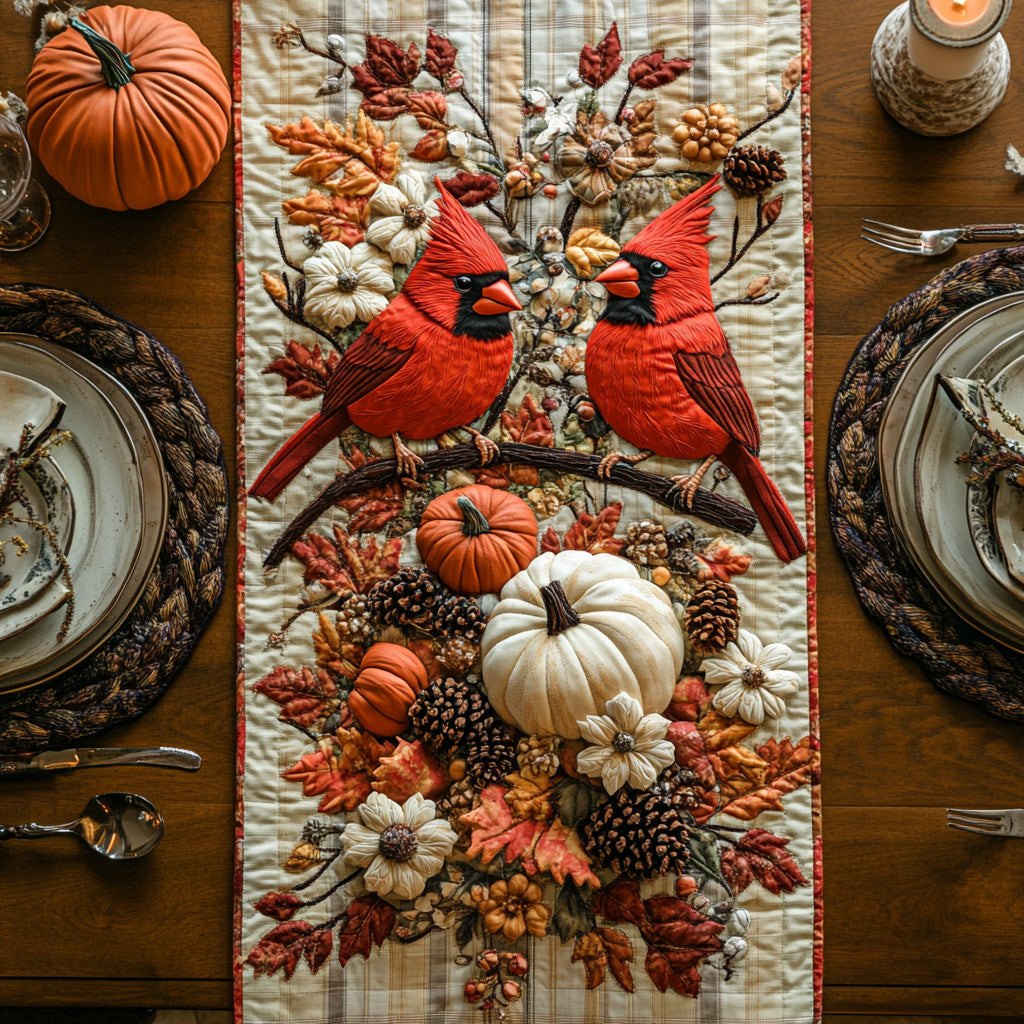 Two Cardinals with Pumpkins and Pinecones Table Runner
