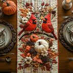 Two Cardinals with Pumpkins and Pinecones Table Runner