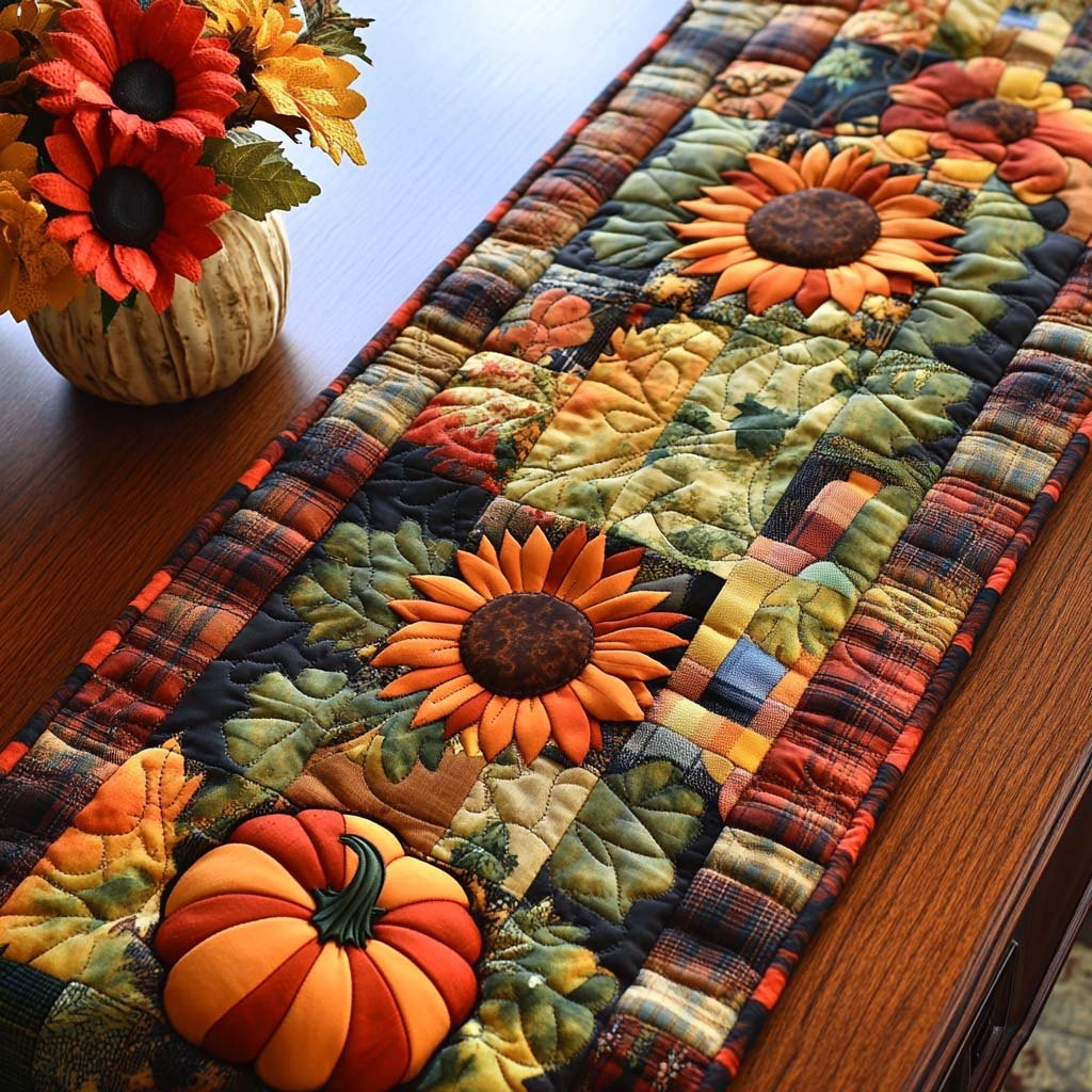 Sunflowers and Pumpkins with Plaid Patches Table Runner