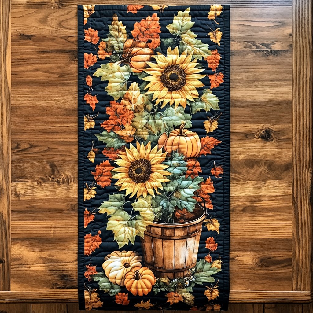 Sunflower Basket on Navy Stripe Table Runner